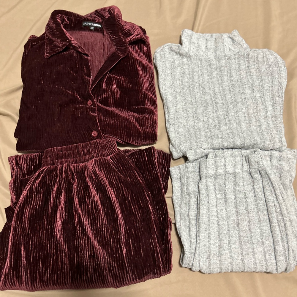 Burgundy Velvet and Gray Knit Tops
